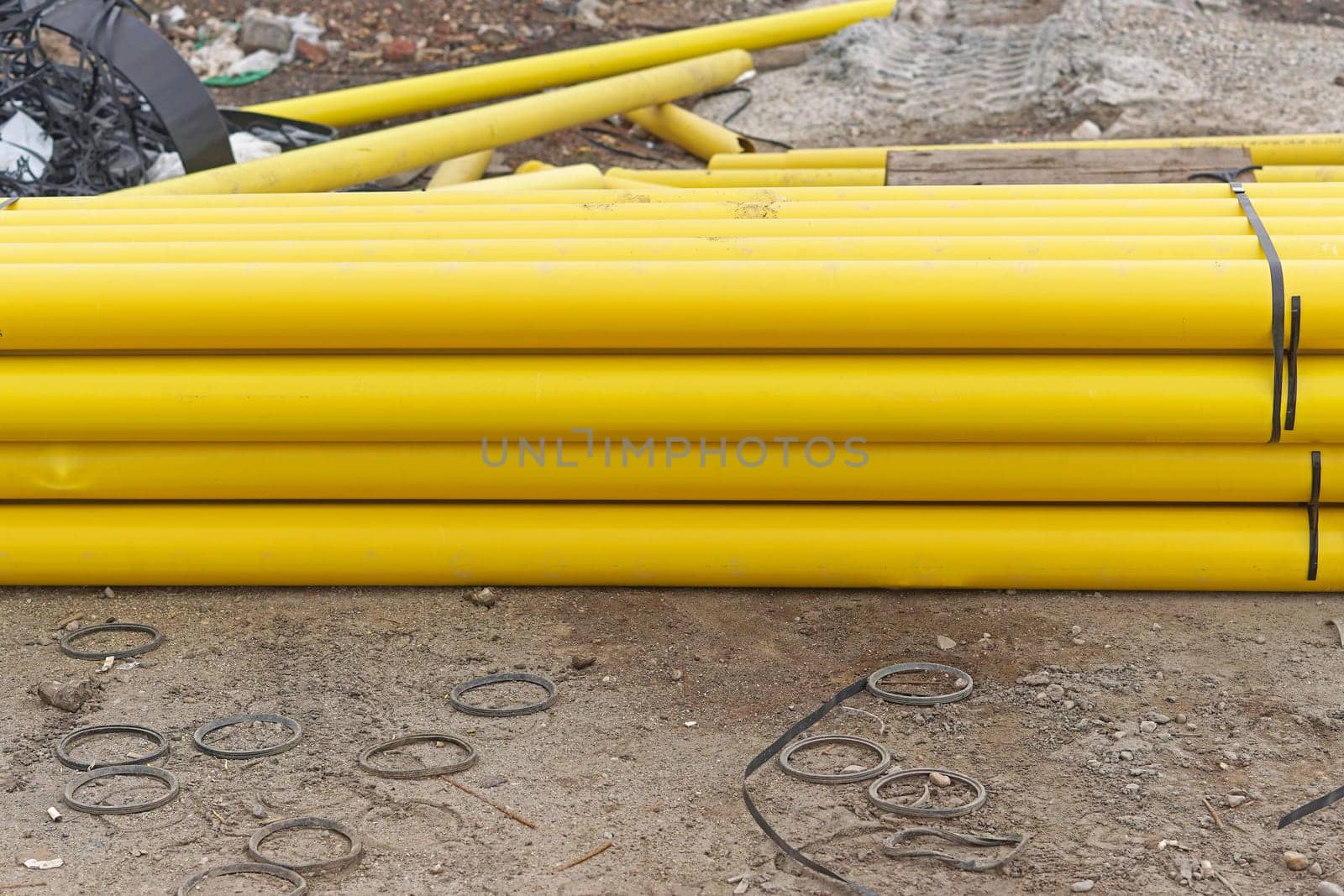 New yellow pipes material at construction site