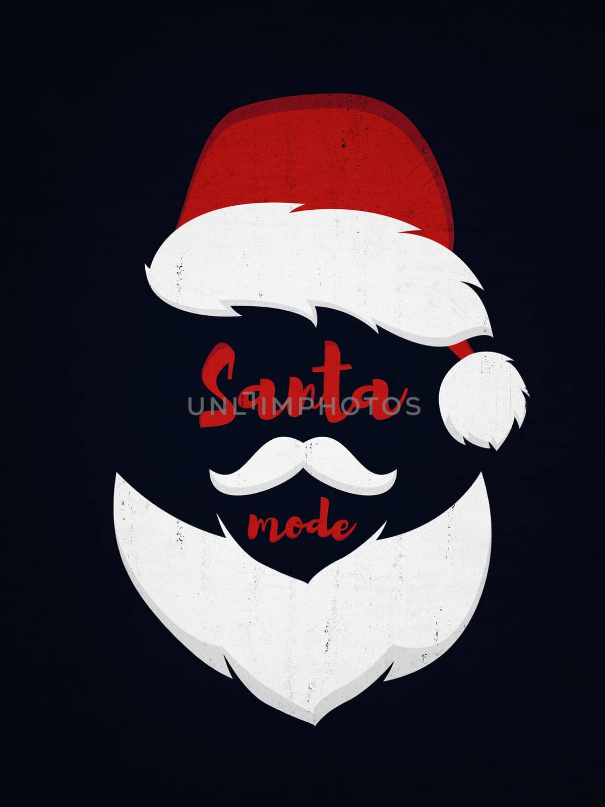 Santa mode ON, activated. Funny, seasonal text art illustration with Santa Claus, Christmas holiday symbol. White beard and mustache, red winter hat icon. New year atmosphere, conceptual background.