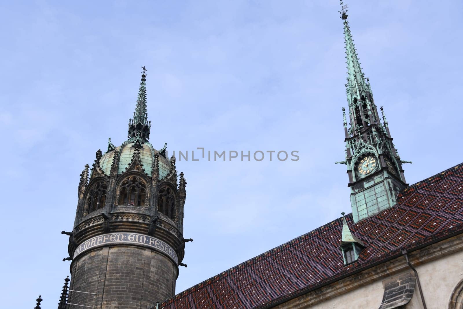 Towers of the castle church in Wittenberg. Origin of the Reformation of Martin Luther. Saxony-Anhalt,Germany