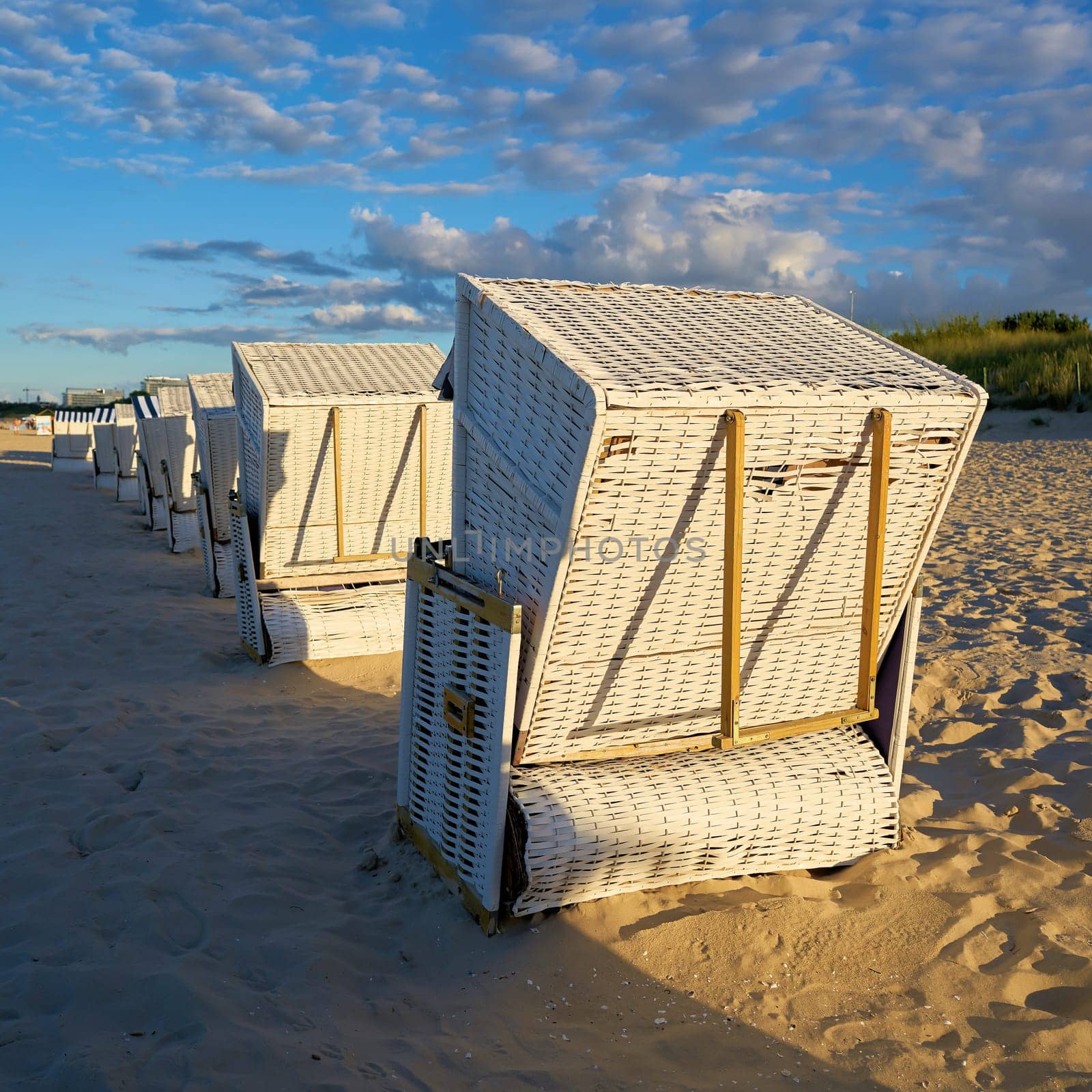 Beach chairs on the beach of Swinoujscie on the Baltic Sea in Poland