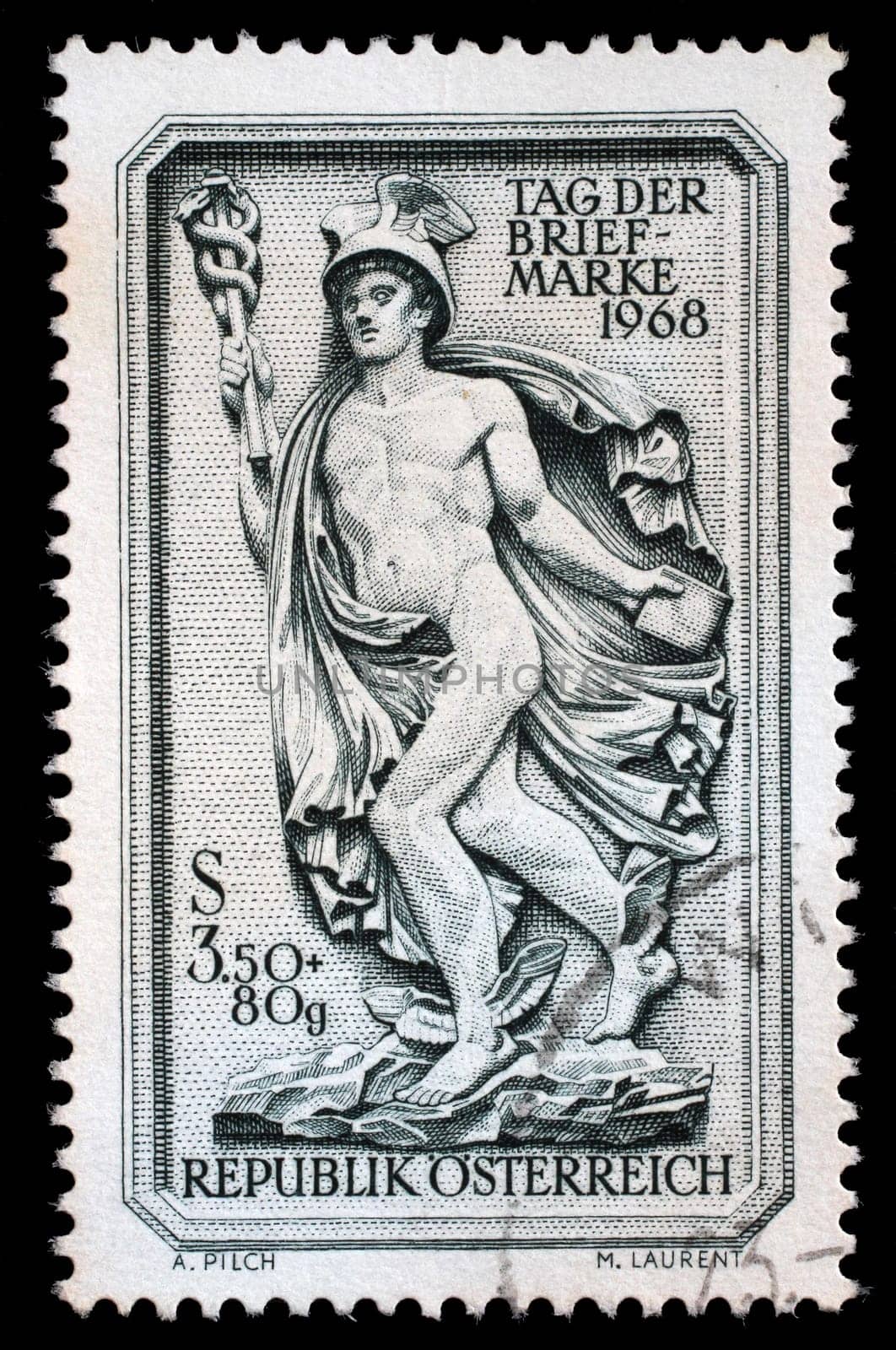 Stamp printed in Austria shows facade relief "Messenger of the Gods"", Purkersdorf Vienna, circa 1968."