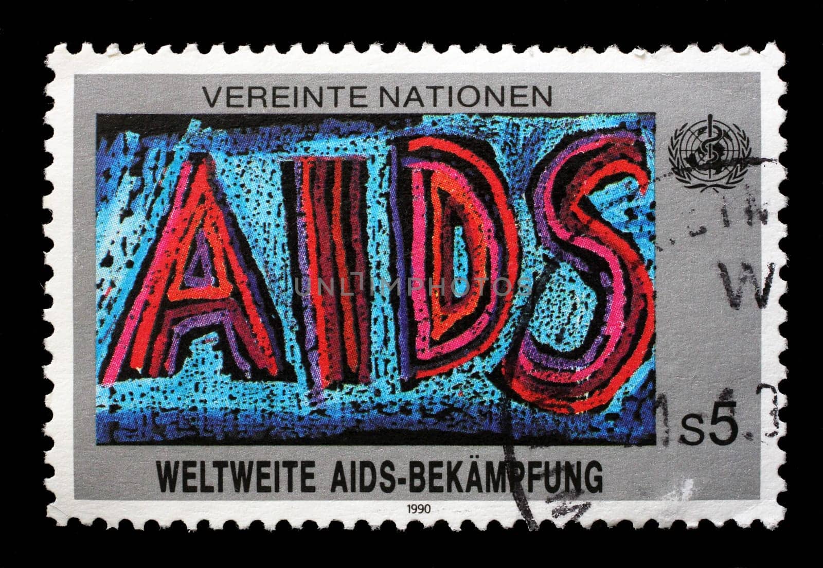 Stamp issued by UN - Vienna devoted to Fighting aids, circa 1990.