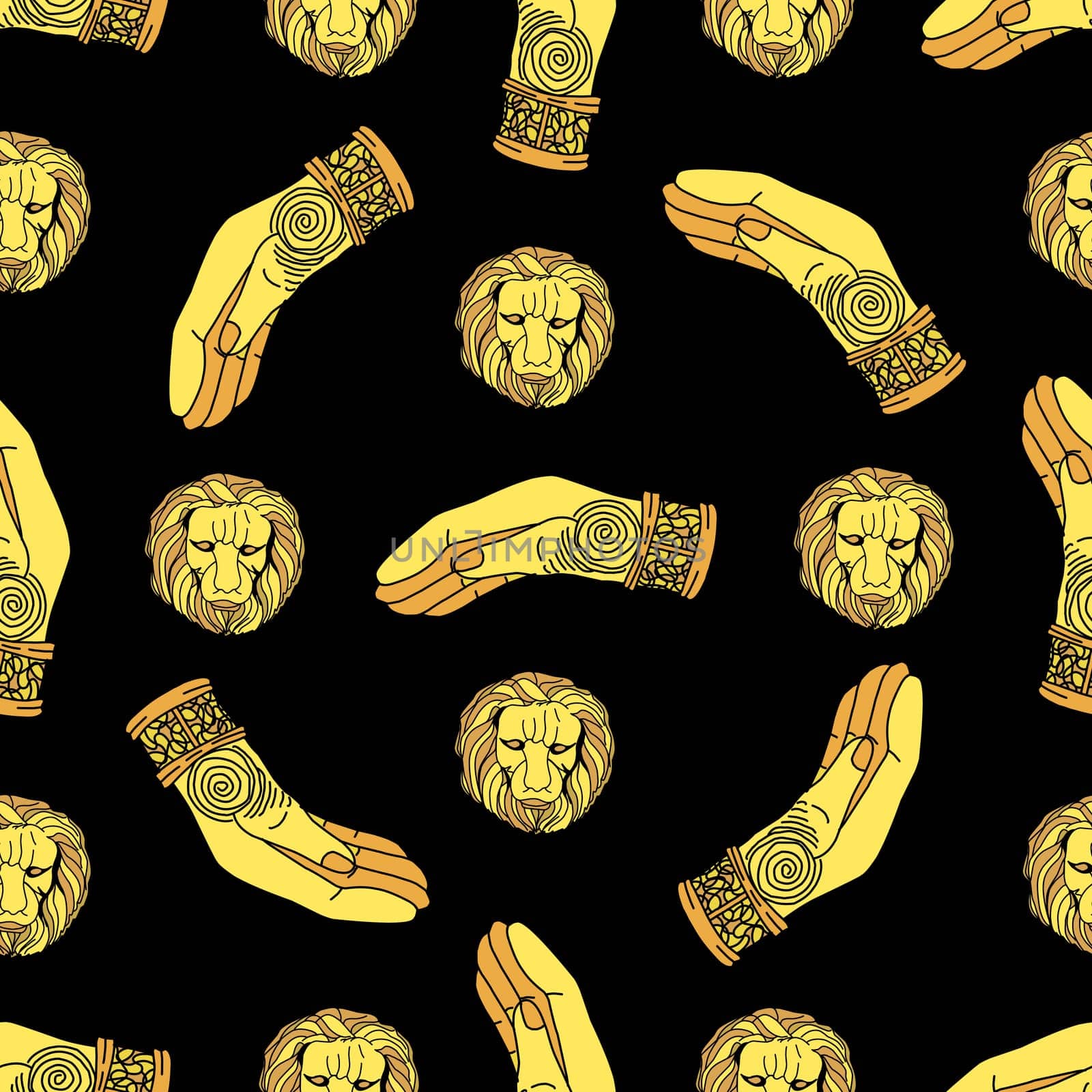 Magic pattern. gold hand prosthesis. Golden lion mask on a black background.