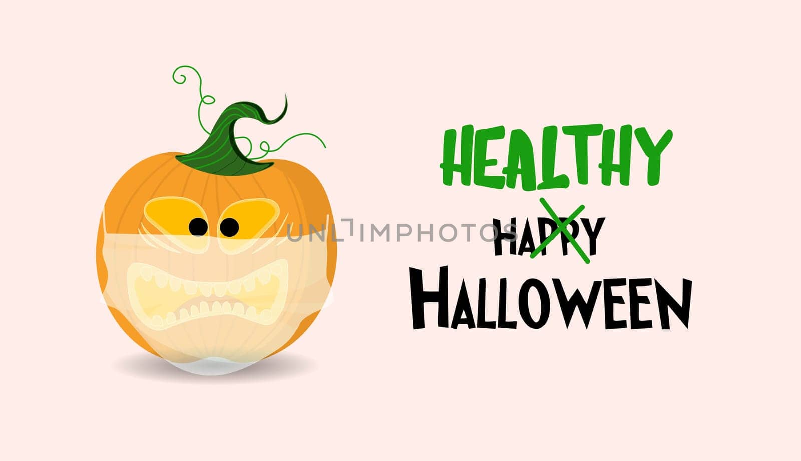 Halloween poster or greeting card. Horizontal banner with a pumpkin wearing a medical mask. Happy Halloween.