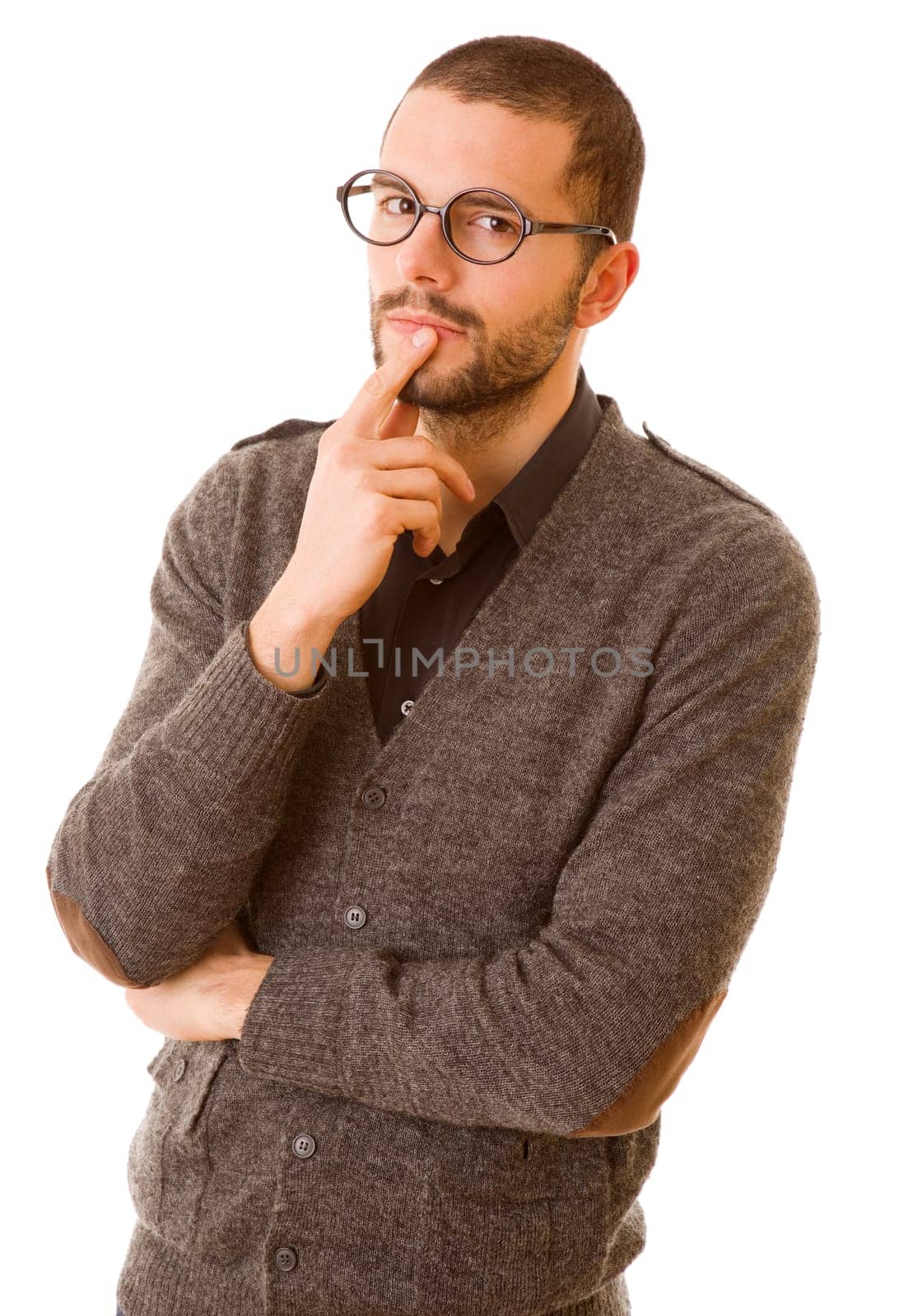young casual man thinking, isolated on white