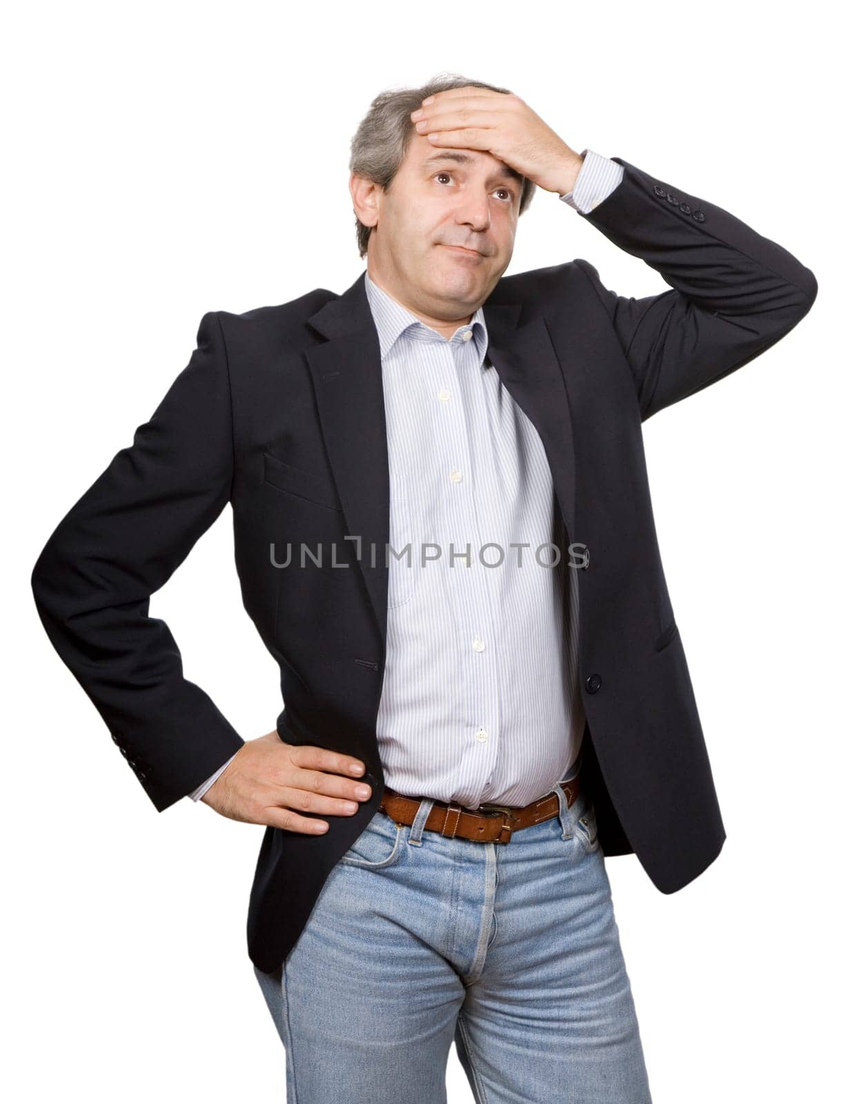 worried casual mature man thinking, isolated on white