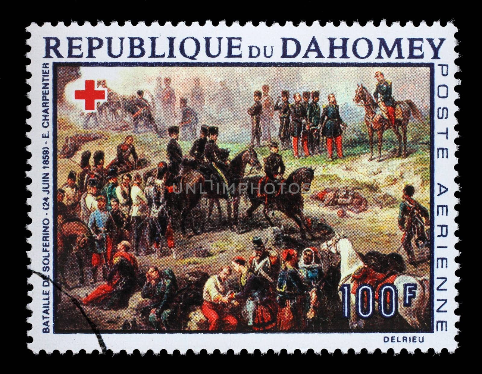 Stamp printed in Dahomey shows Battle of Solferino, by Charpentier, Red Cross series, circa 1968.