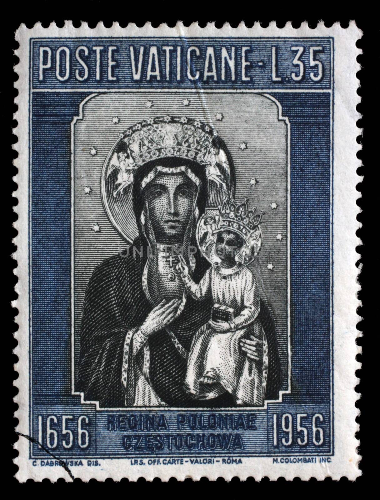 Stamp issued in Vatican shows Our Lady of Jasna Gora, Black Madonna of Poland, circa 1956.