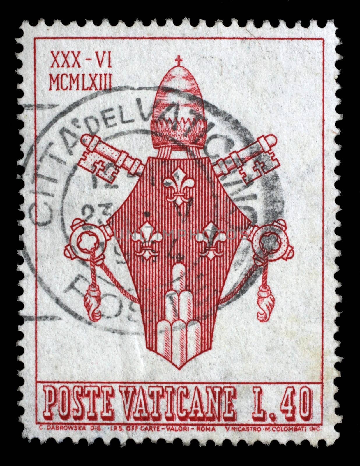 Stamp issued in Vatican shows Coat of Arms of Pope Paulus VI, circa 1963.