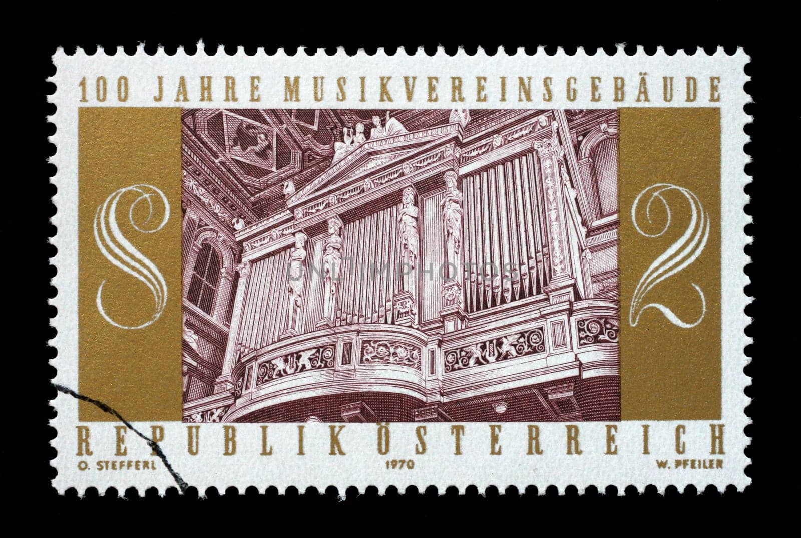 Stamp issued in the Austria shows the 100th Anniversary of the Musikverein Building, organ in the great musical society hall in Vienna, circa 1970.