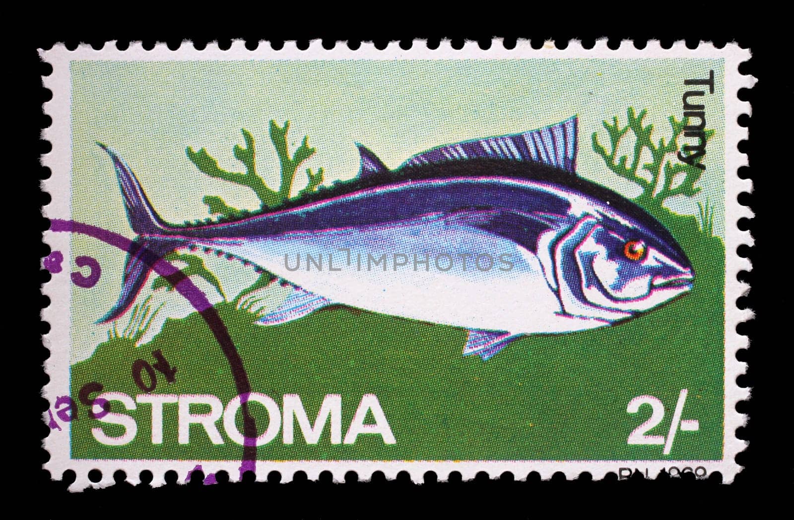 Stamp issued in Stroma shows Tunny, circa 1969.