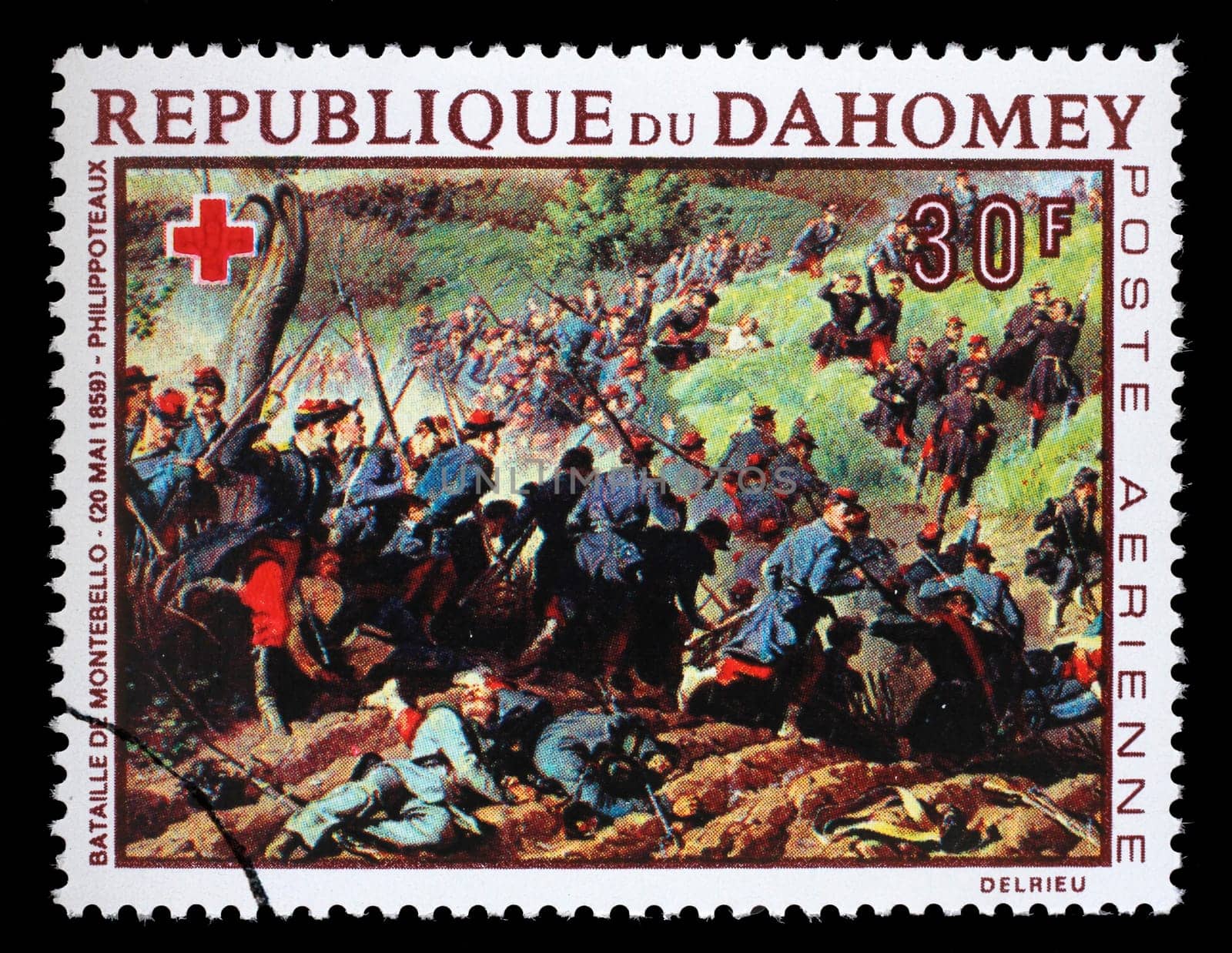 Stamp printed in Dahomey shows Battle of Montebello, by Henri Philippoteaux, Red Cross series, circa 1968.