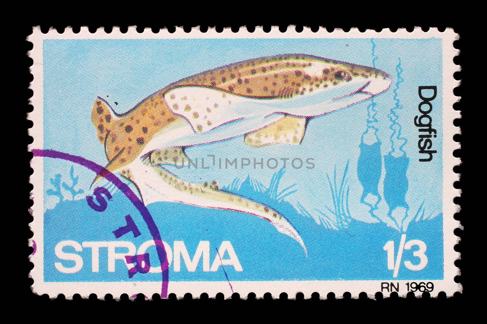Stamp issued in Stroma shows Dogfish, circa 1969.