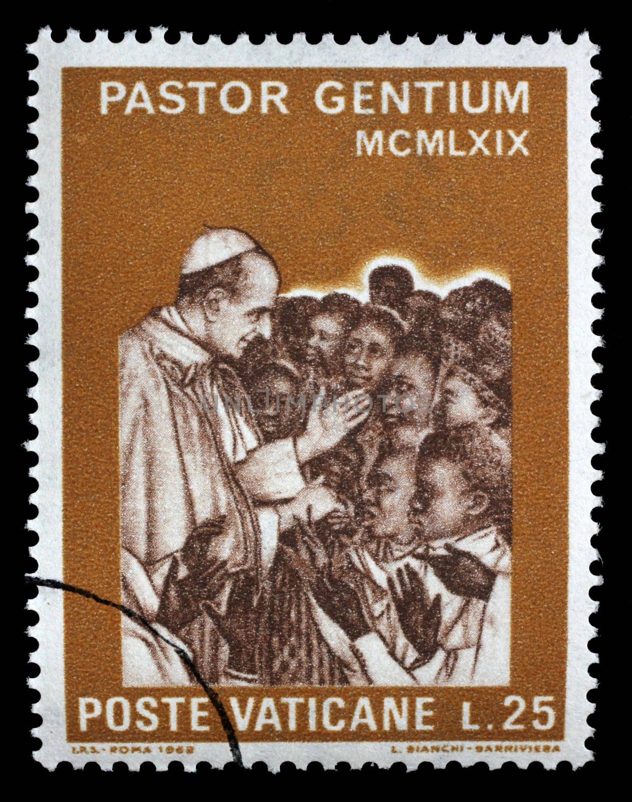 Stamp issued in Vatican shows Visit of the Pope Paul VI to Africa, circa 1969.