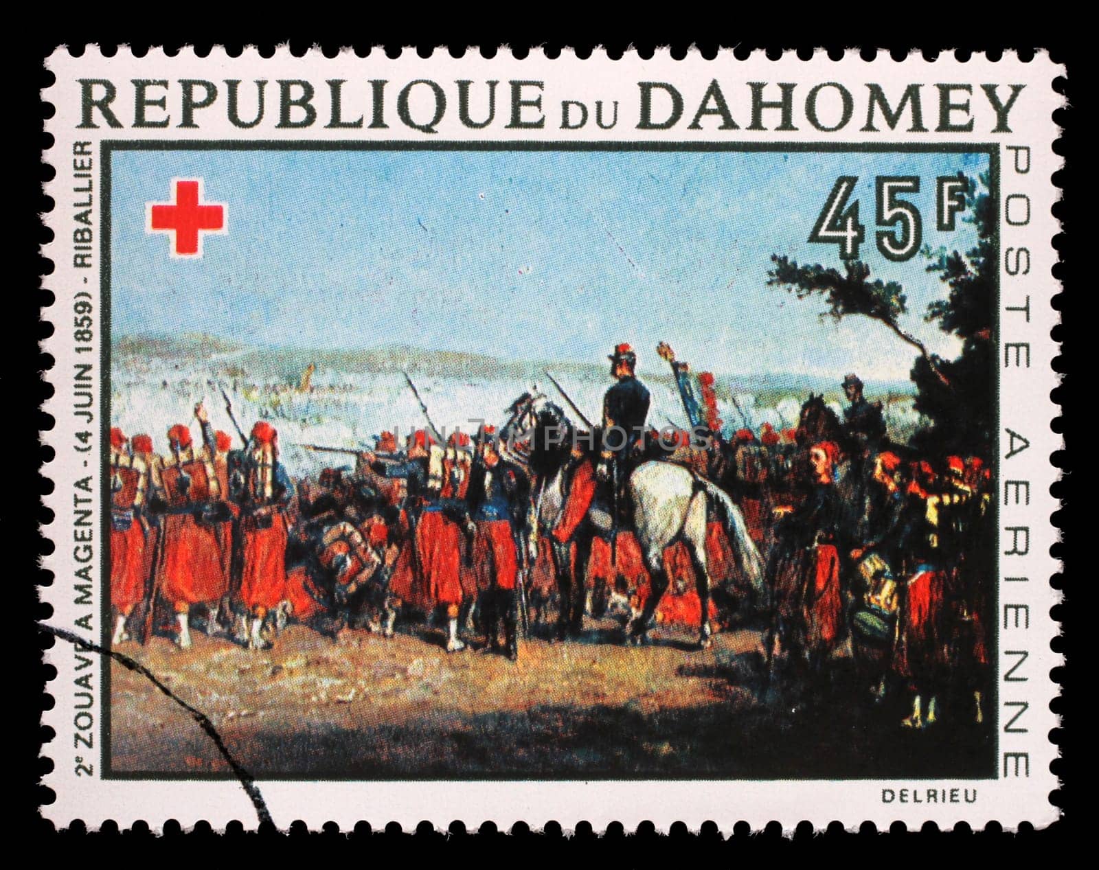 Stamp printed in Dahomey shows 2nd Zouave Regiment Magenta, by Riballier, Red Cross series, circa 1968.