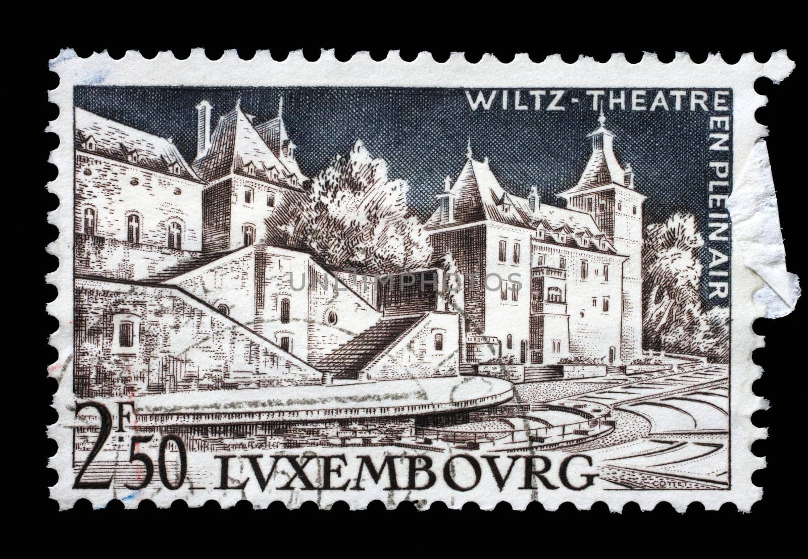Stamp issued in Luxembourg shows Wiltz Open-Air Theater circa 1958.