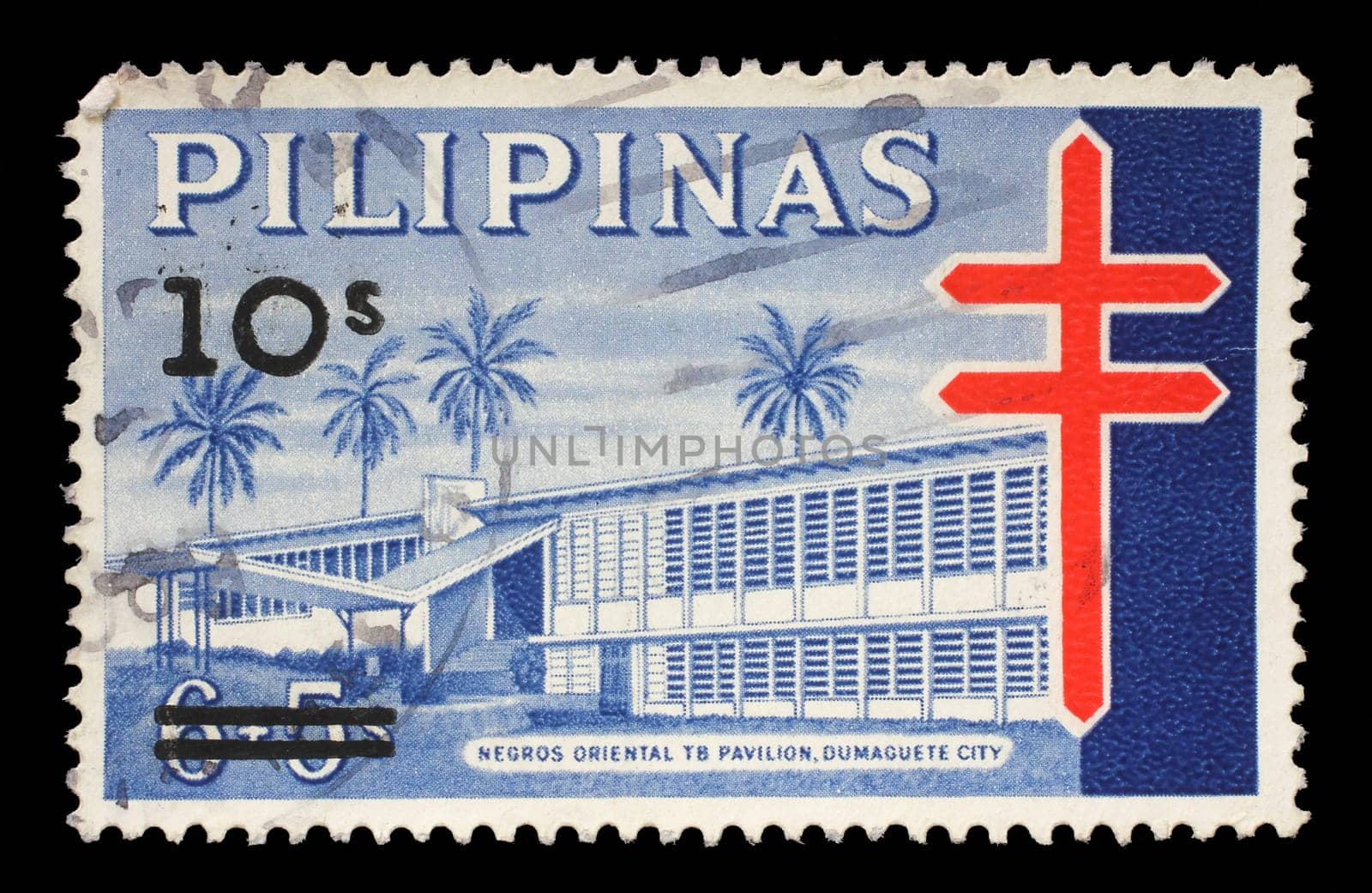 Stamp printed in Philippines, shows Negros Oriental TB Pavilion in Dumaguete city, Fight against Tuberculosis, overprinted in black, circa 1968.