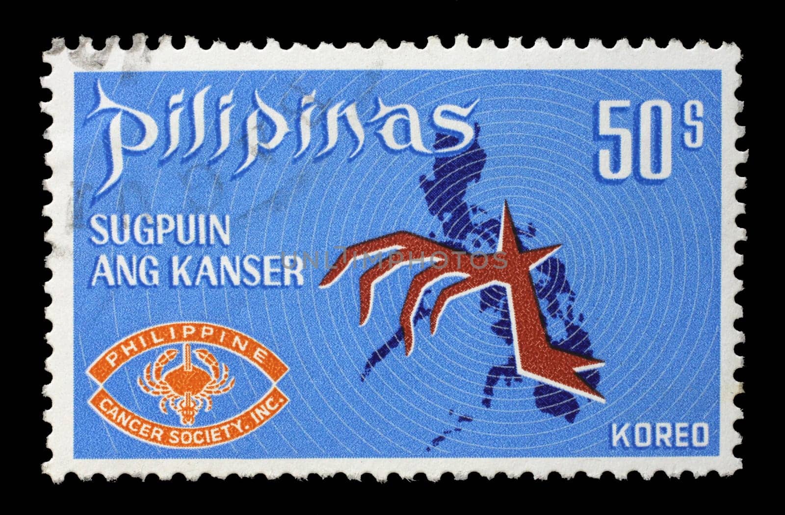 Stamp printed in Philippines, shows Crab, by Alexander Calder and Map, Fight against cancer, circa 1970.
