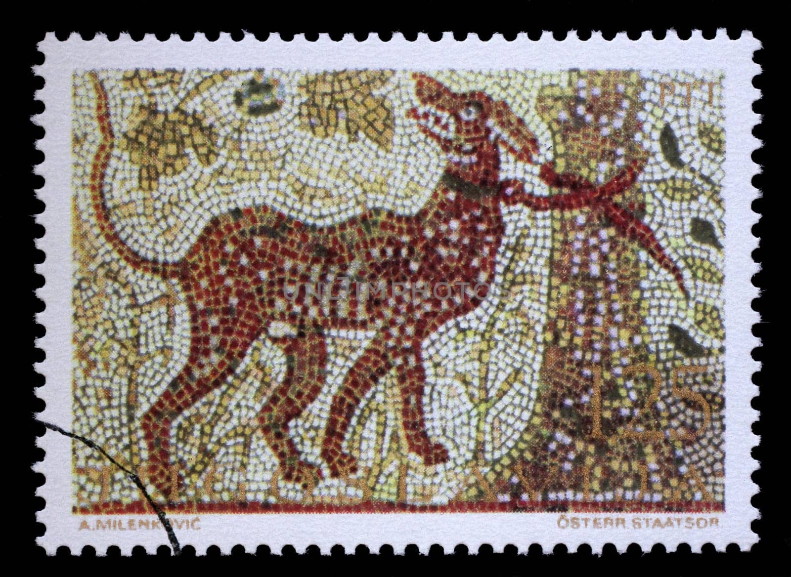 Stamp issued in Yugoslavia shows Cerberus, mosaic series, circa 1970.