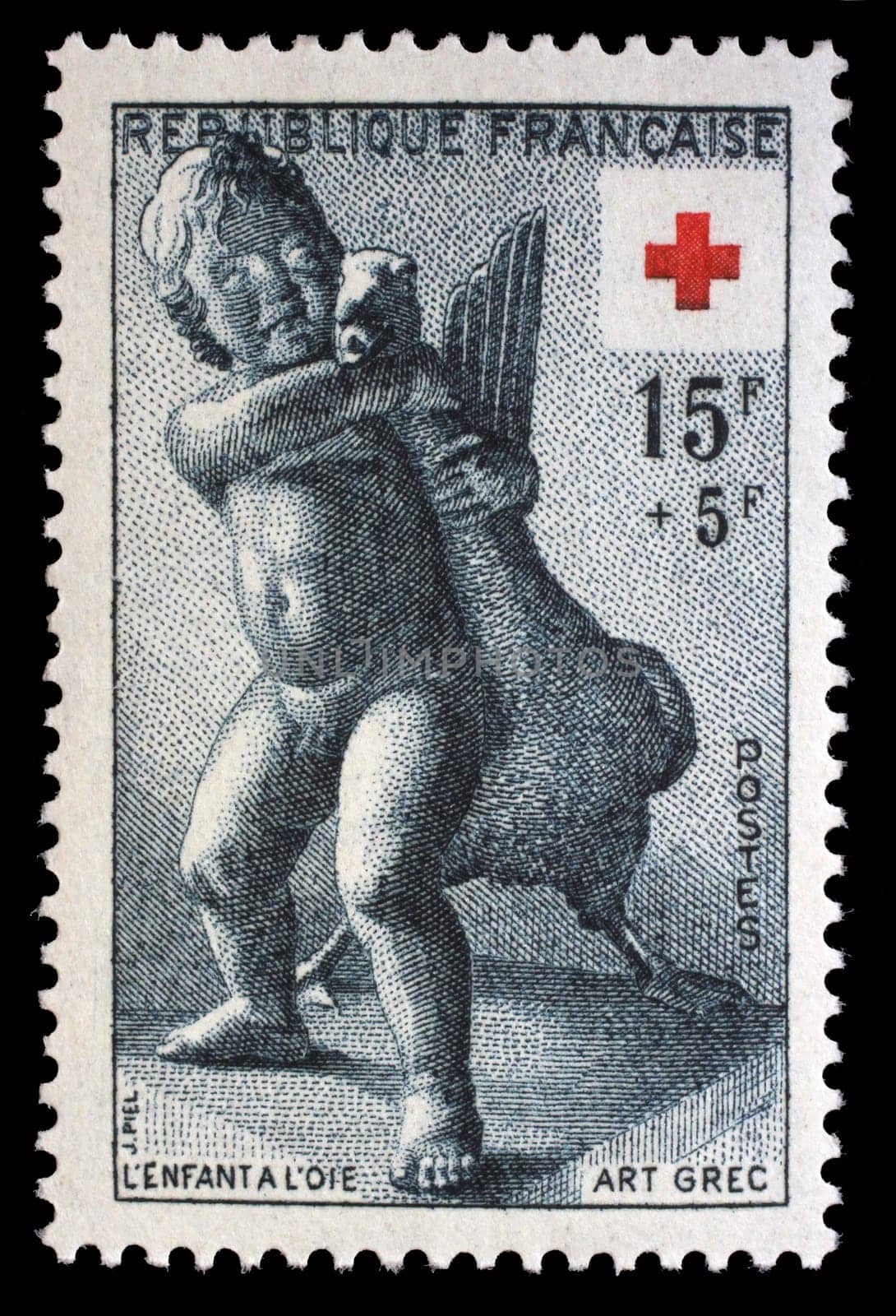 Stamp printed in France shows The child with goose (Greek statue), Red Cross series, circa 1963