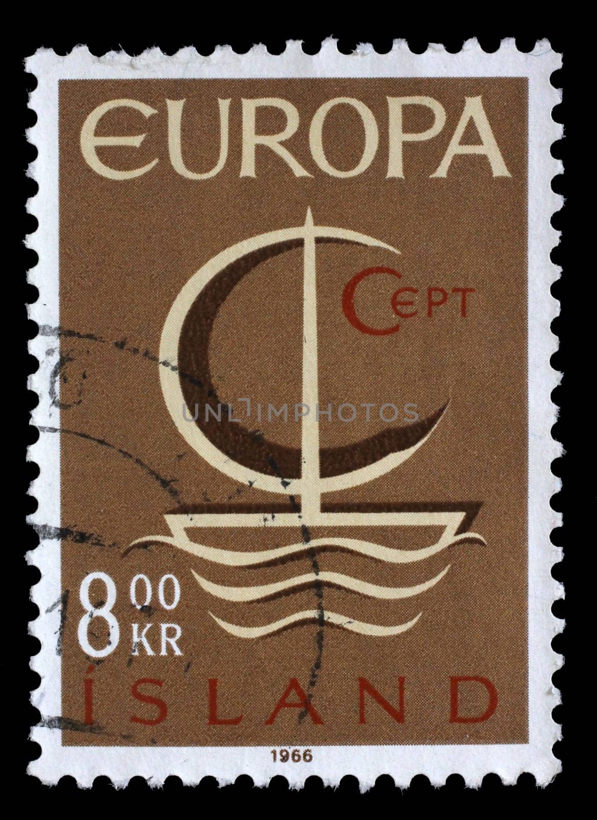 Stamp issued in Iceland shows Stylized sailboat and the inscription "CEPT"", circa 1966."
