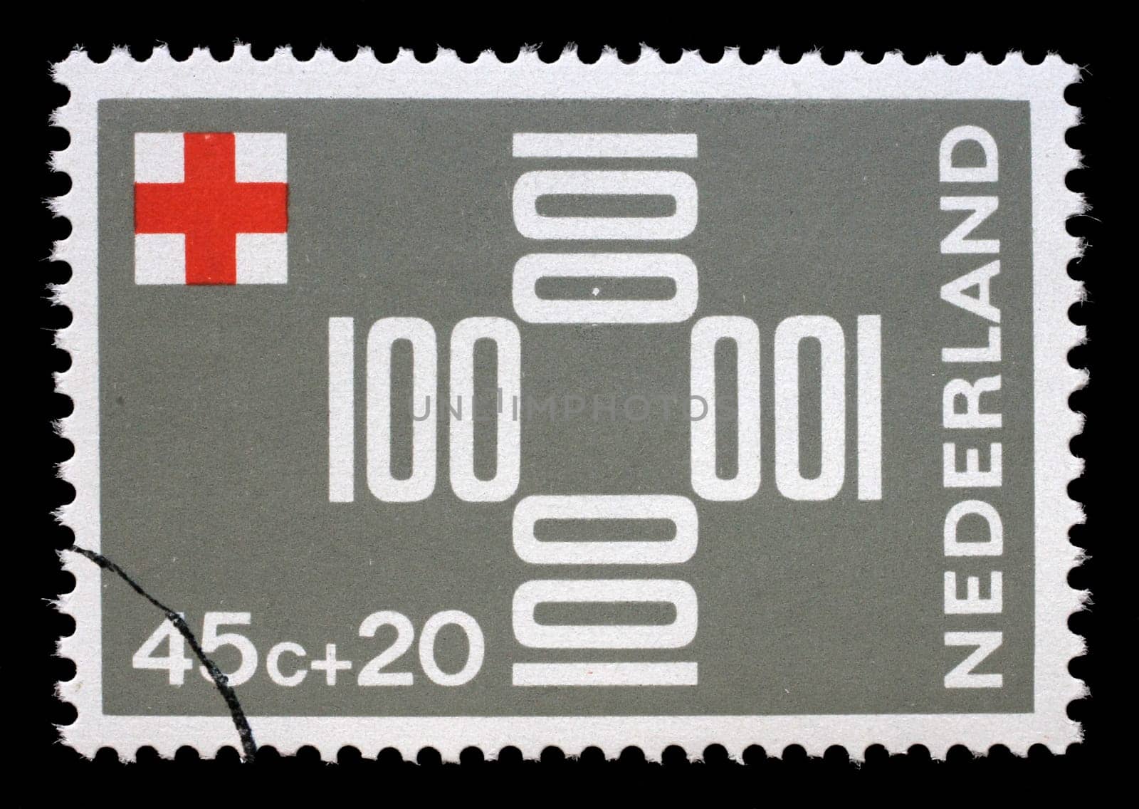 Stamp printed in Netherlands shows The numbers "100"" forming a cross, Red Cross series, circa 1967"