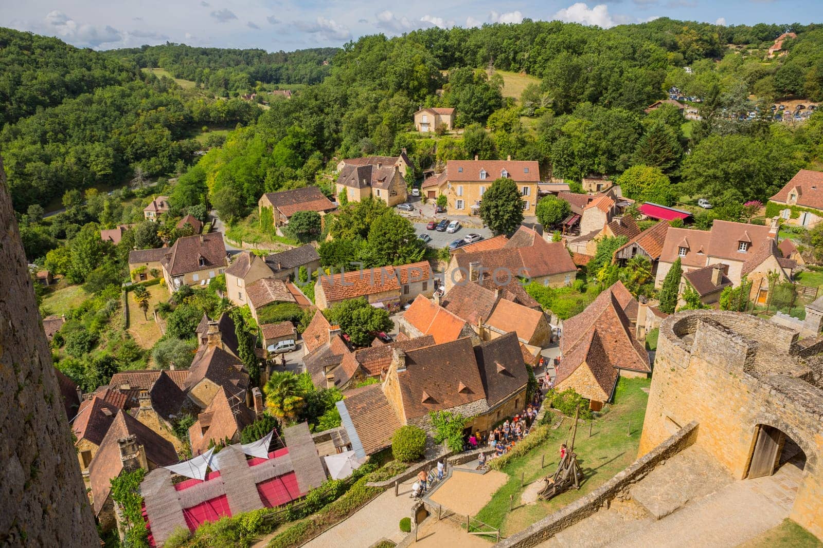 Castelnaud, Dordogne, France - August 13, 2019: Village around Castelnaud-la-chapelle castle in Dordogne valley, Perigord Noir, France