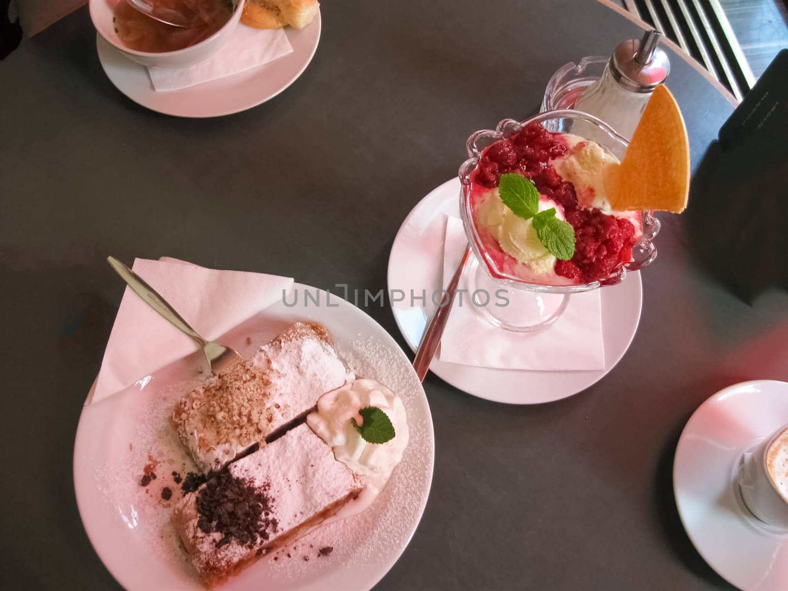 The ice cream and cake at cafe or restaurant at Prague