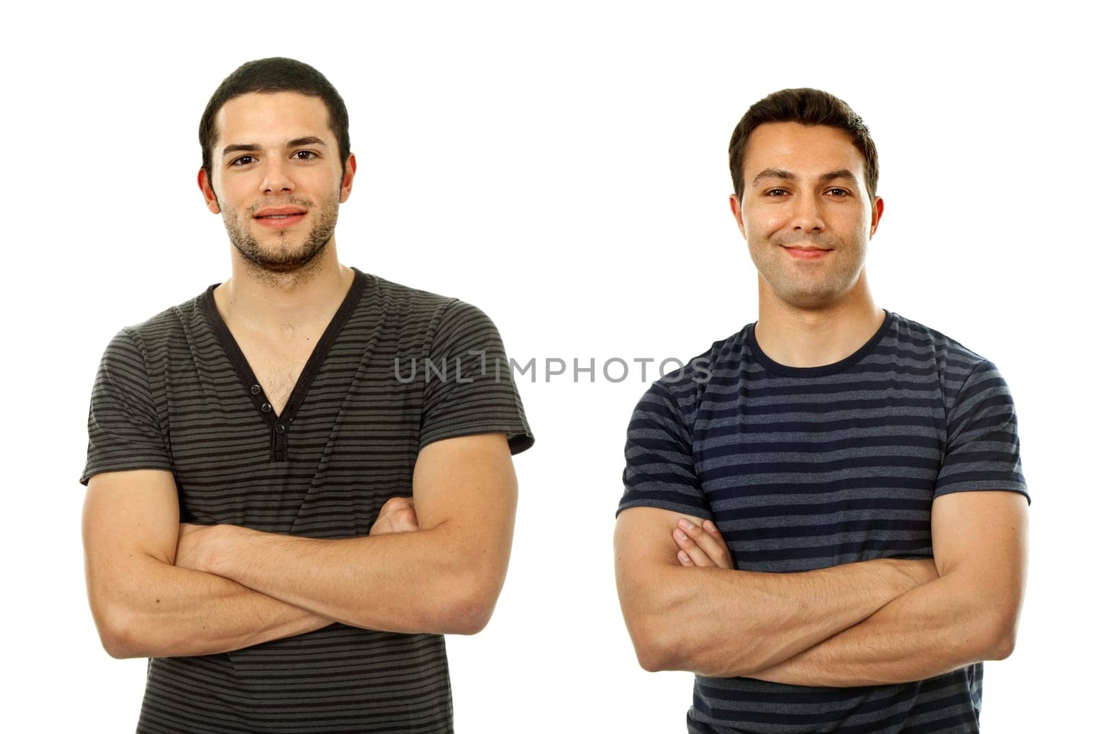 two young casual men portrait, isolated on white