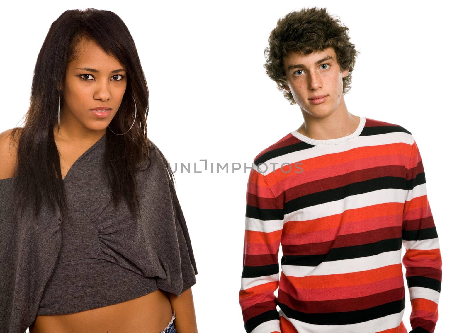 young teen couple portrait, isolated on white
