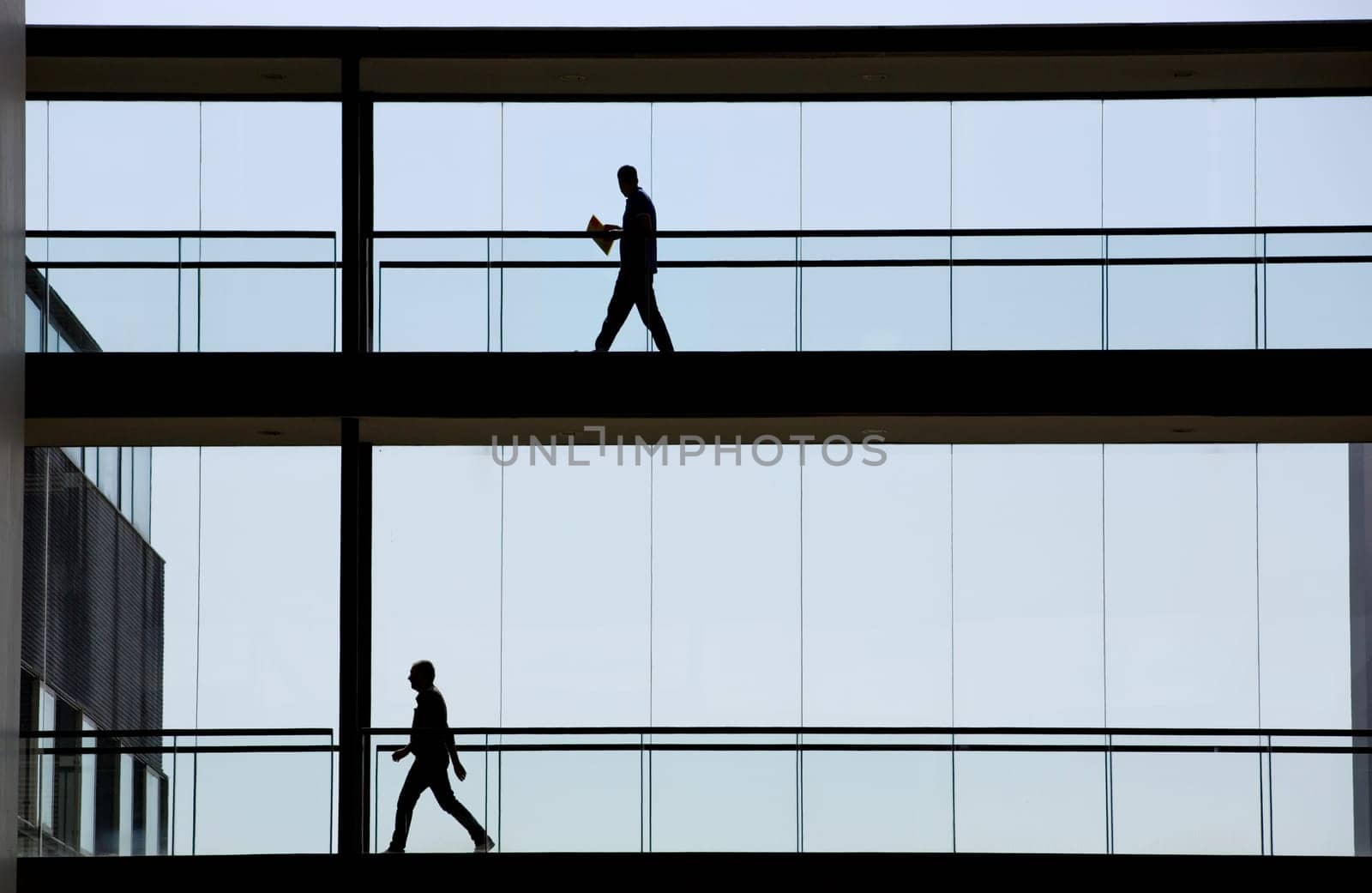 Silhouette view of two businessmen in a modern office building interior with panoramic windows.