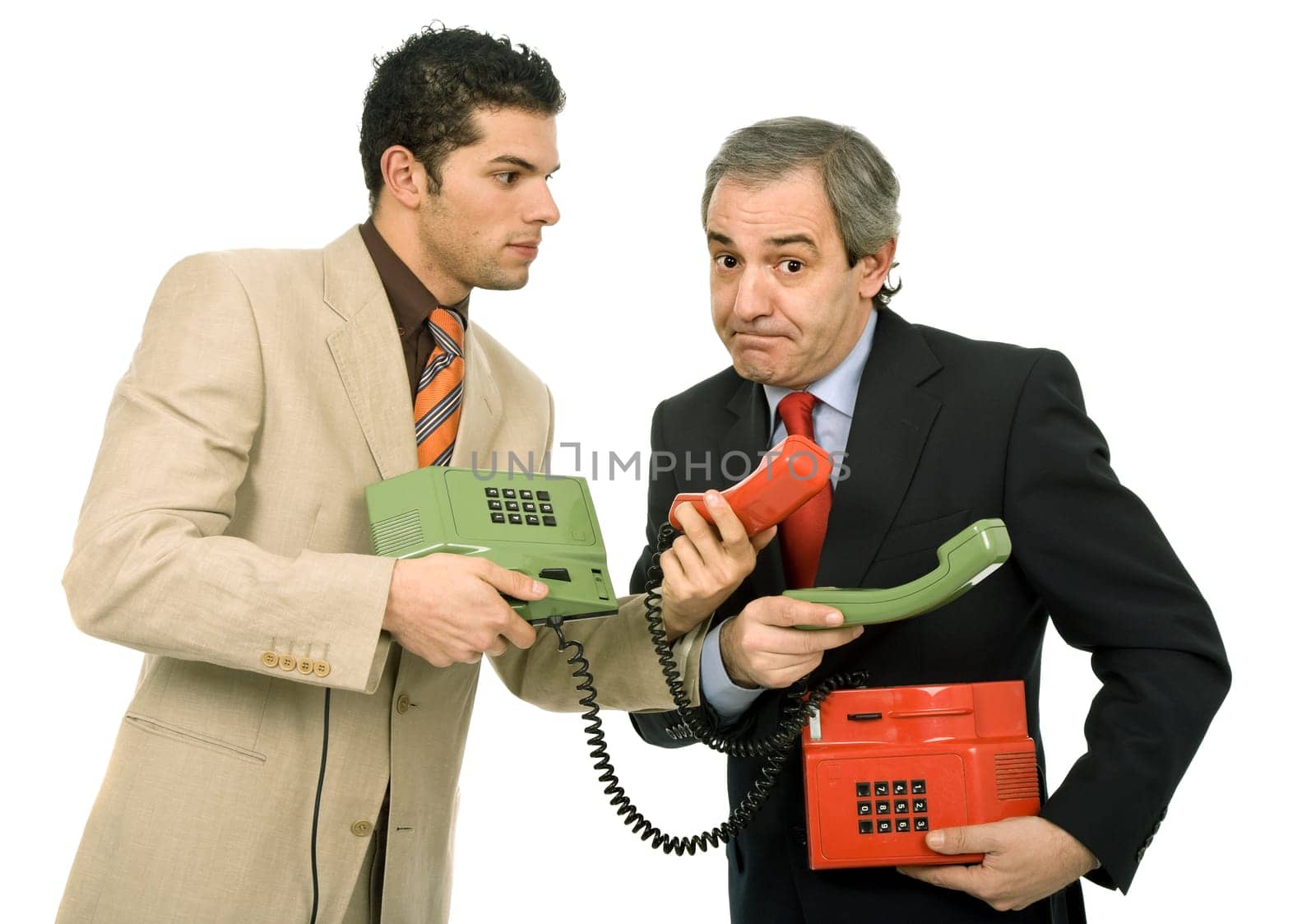 two young business men working with two telephones