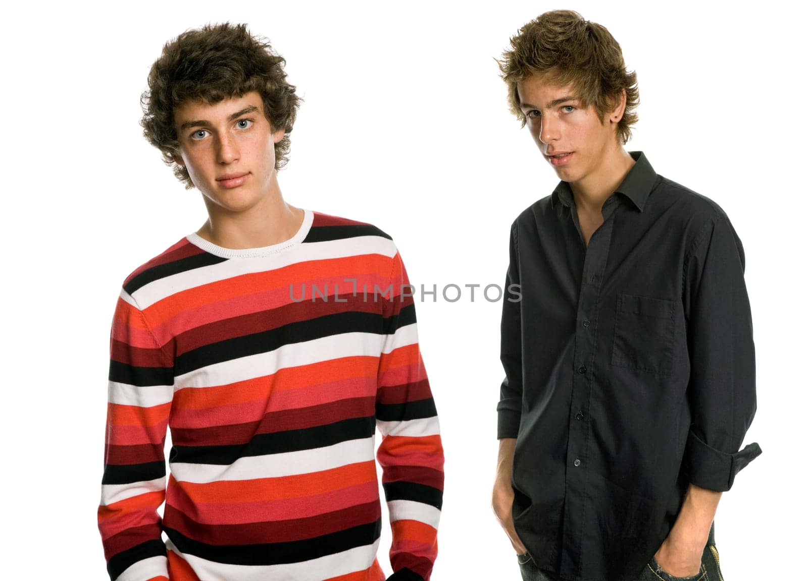 two young men standing, on a white background