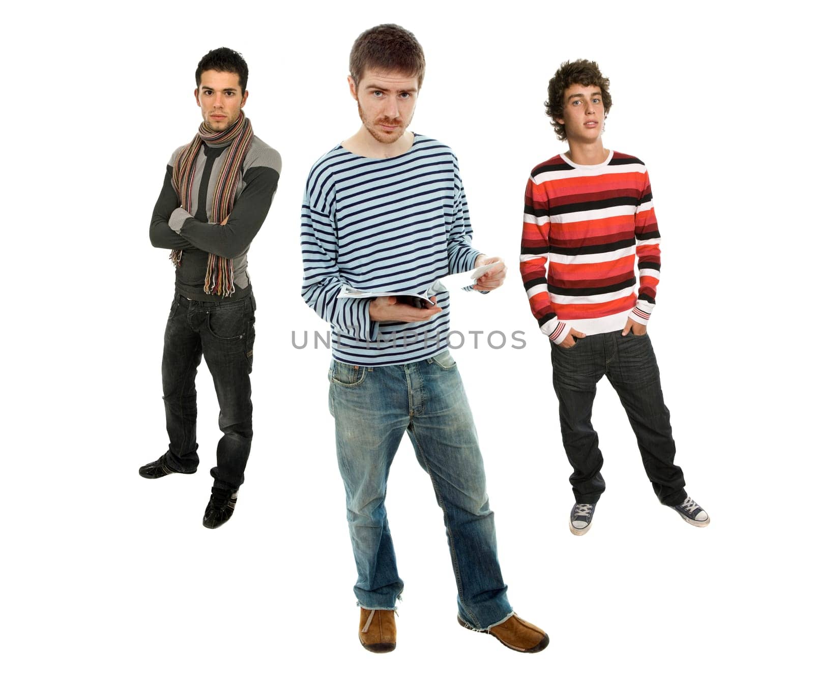 three young man full length, isolated on white