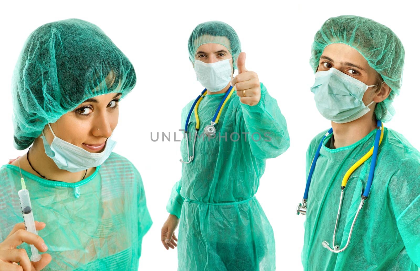 three young doctors, isolated on white background