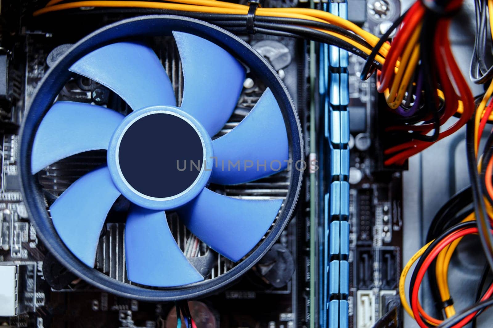 Heatsink and fan of central processing or the CPU cooler inside pc system unit.