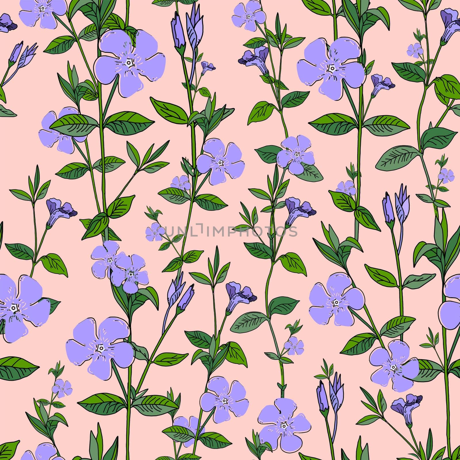 Blue flowers on a pink background. Periwinkle. Seamless summer pattern.