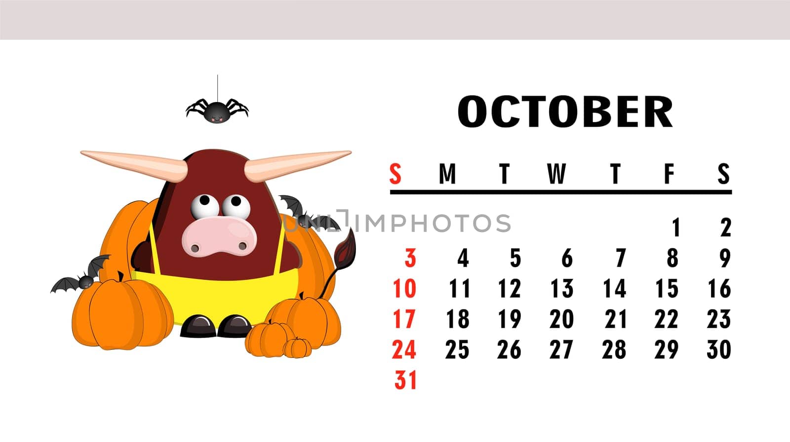 Cute children's calendar 2021. Year of the bull. Funny bull character isolated on a white background. Symbol of 2021. October