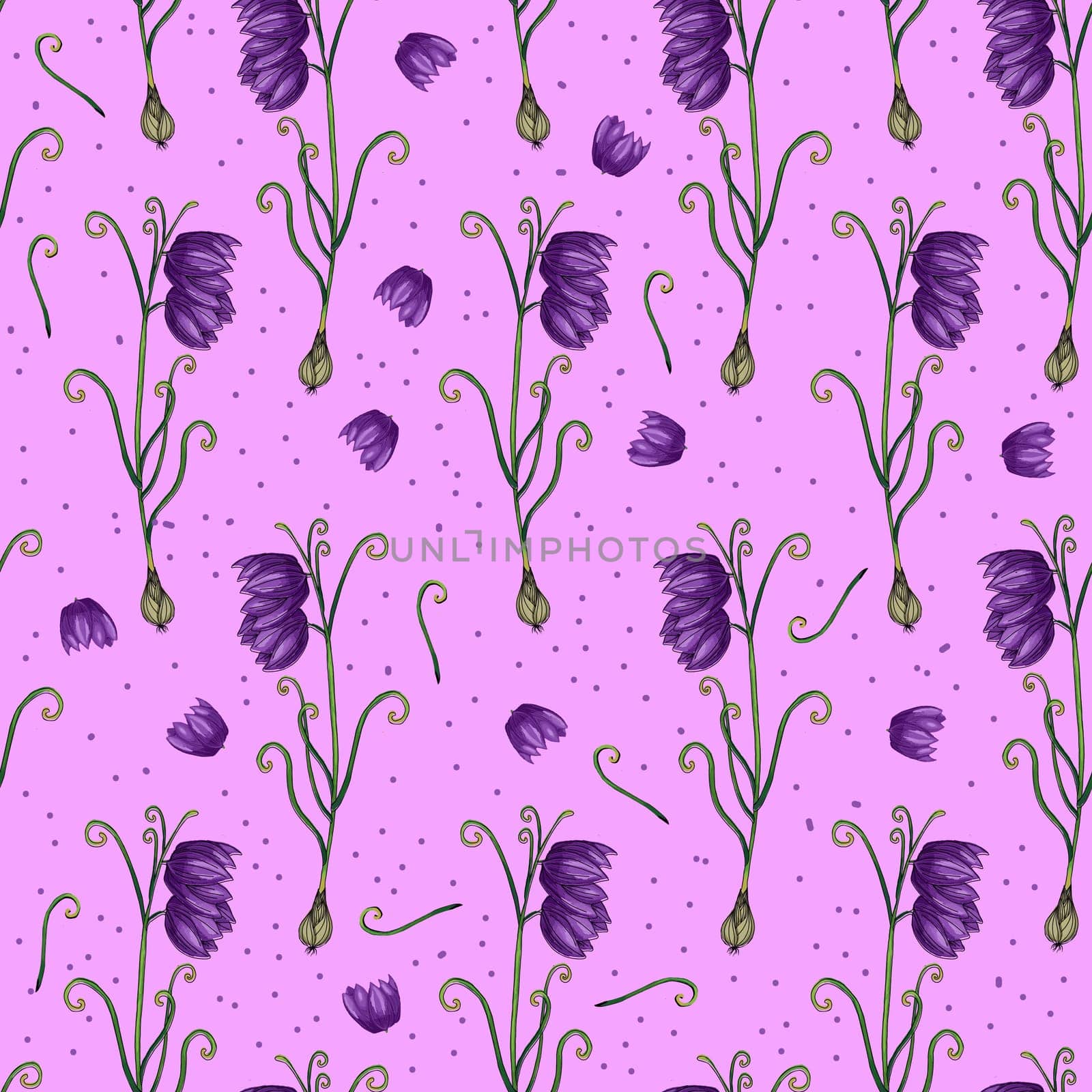Floral summer pattern. Bright pink pattern. Hazel grouse Russian flower. Blue bells plant.