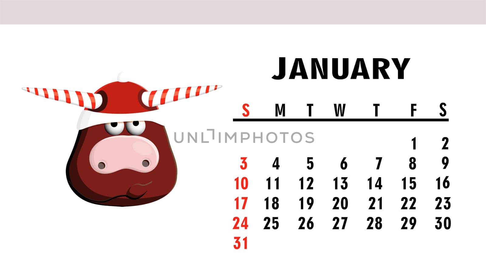 January 2021. Horizontal calendar with bulls or oxen. Ox character.