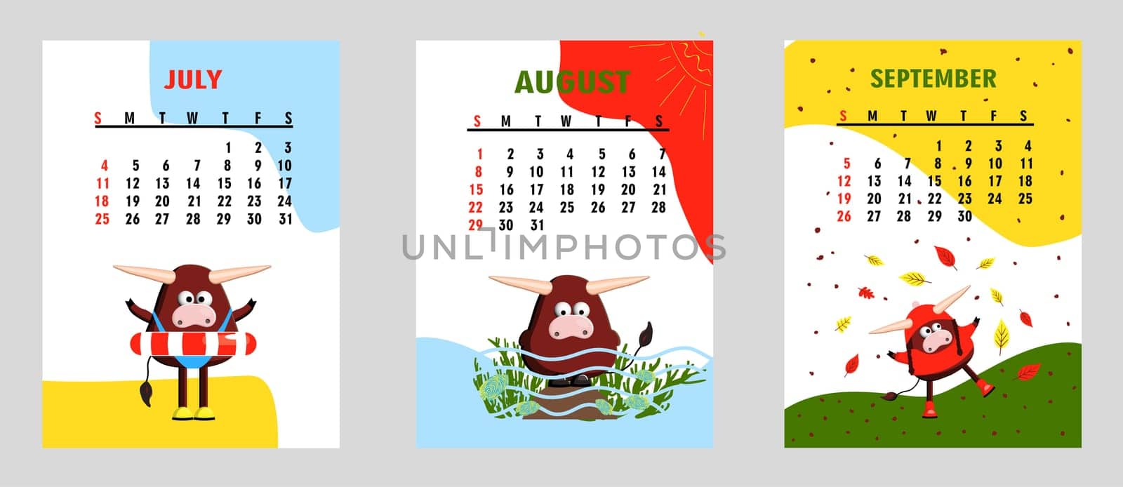 bull, white bull calendar or A4 planner for 2021 with cartoon kawaii, bull or cow, Week starts on Sunday, printable template.