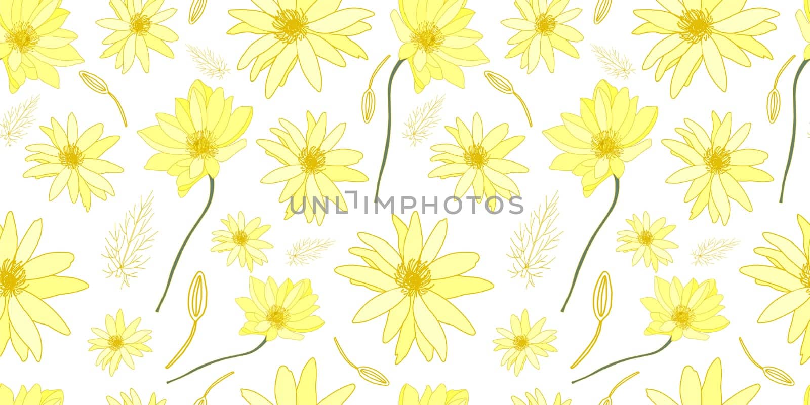 Yellow flowers on a white background pattern. Field summer flowers. Beautiful delicate pattern on the fabric.