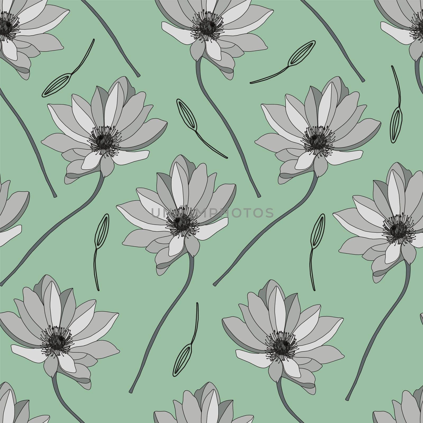 Modern floral pattern. Wildflowers pattern. Light green background, white flowers. Adonis, Echinacea, Chamomile illustration