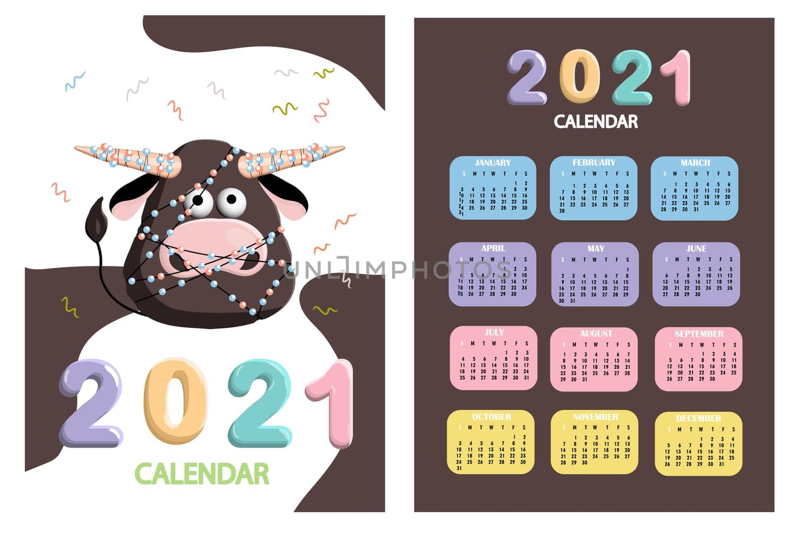 bull, white bull calendar or A4 planner for 2021 with cartoon kawaii, bull or cow, New Year symbol ox