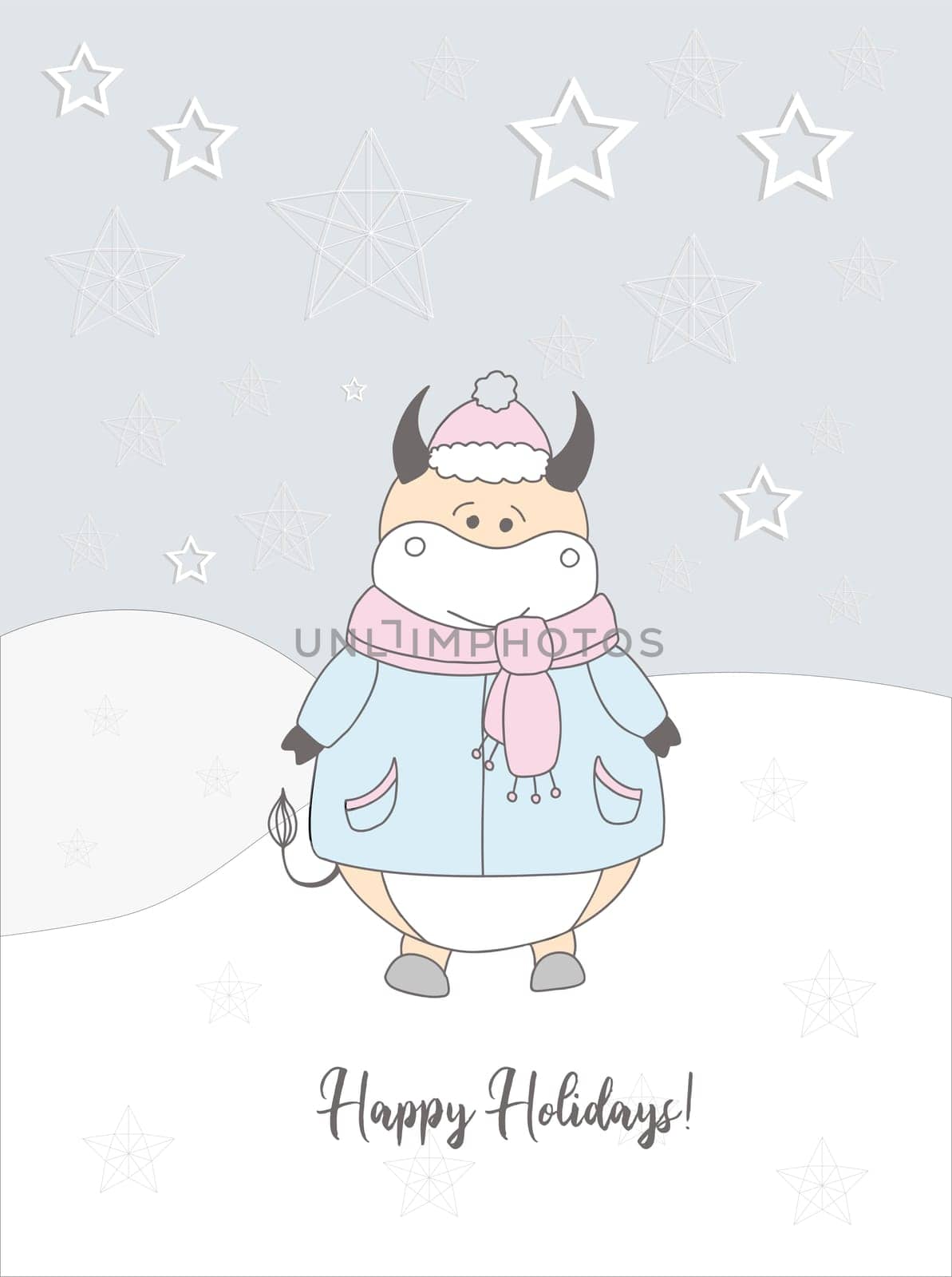 New Year's card of 2021. Cute ox in a scarf illustration. Winter hand drawn card. happy Holidays