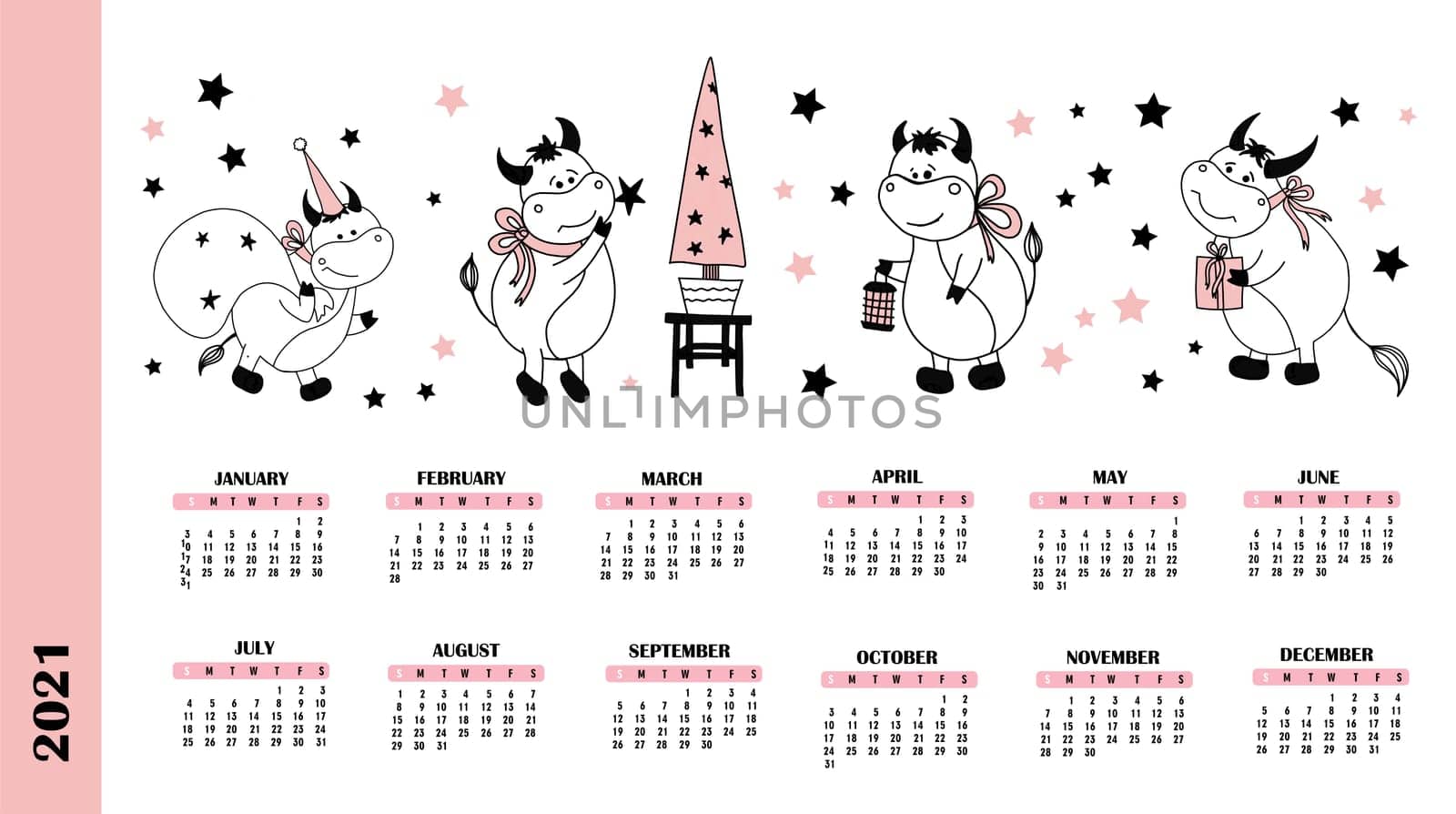 April May June. calendar pages for 2021. year of the ox or calf. bull character. illustration.