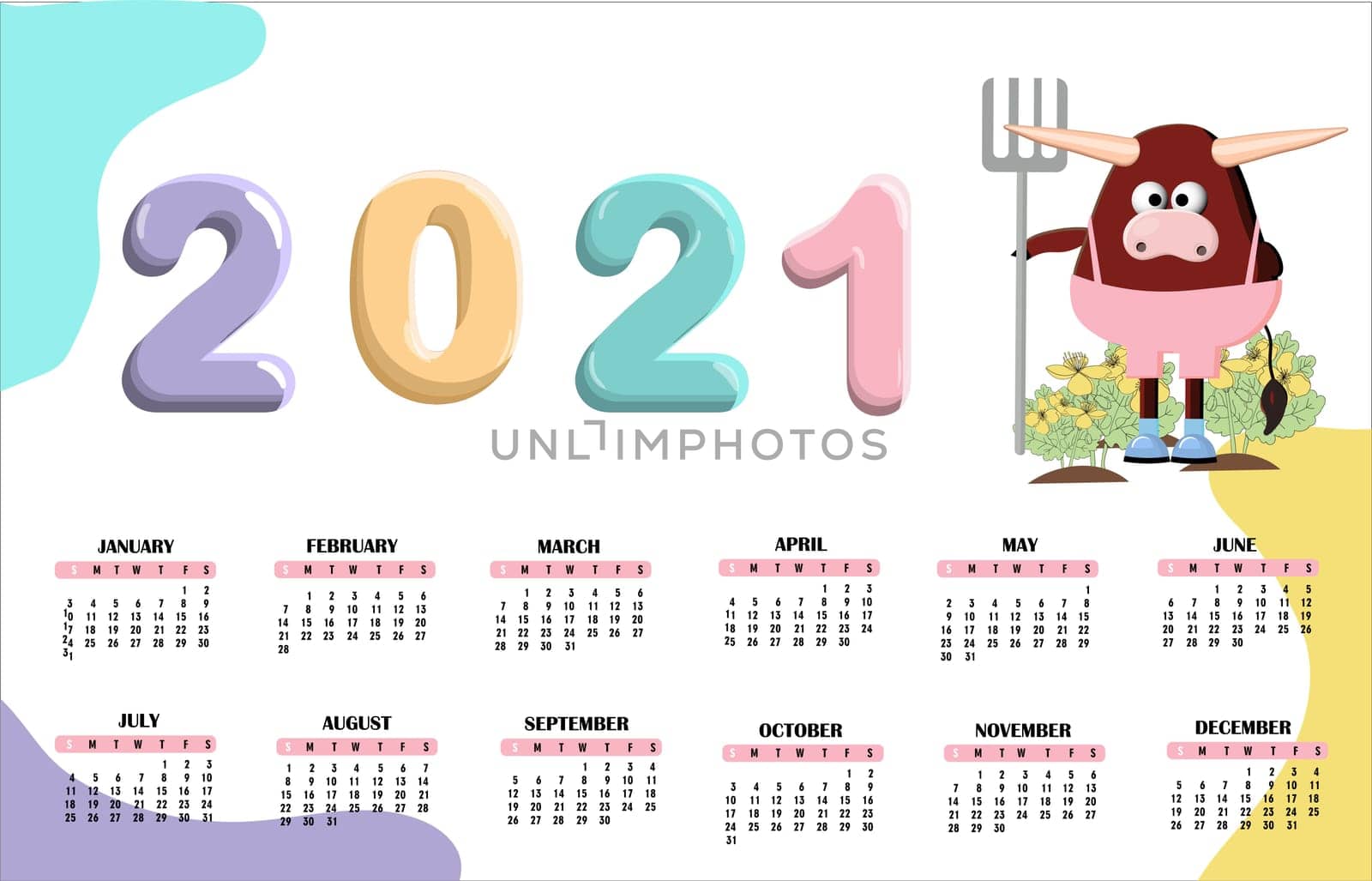 Calendar or planner 2021 kawaii cartoon ox. graphics. calendar or planner 2021 kawaii cartoon ox, bull or cow, symbol of new year, cute characters. Cover and 12 monthly pages.