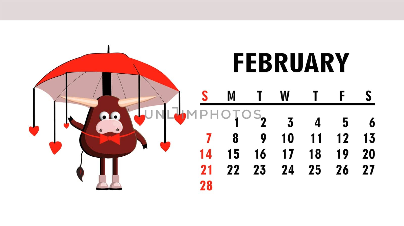 cute calendar 2021. Year of the bull. Funny bull character isolated on a white background. Symbol of 2021.
