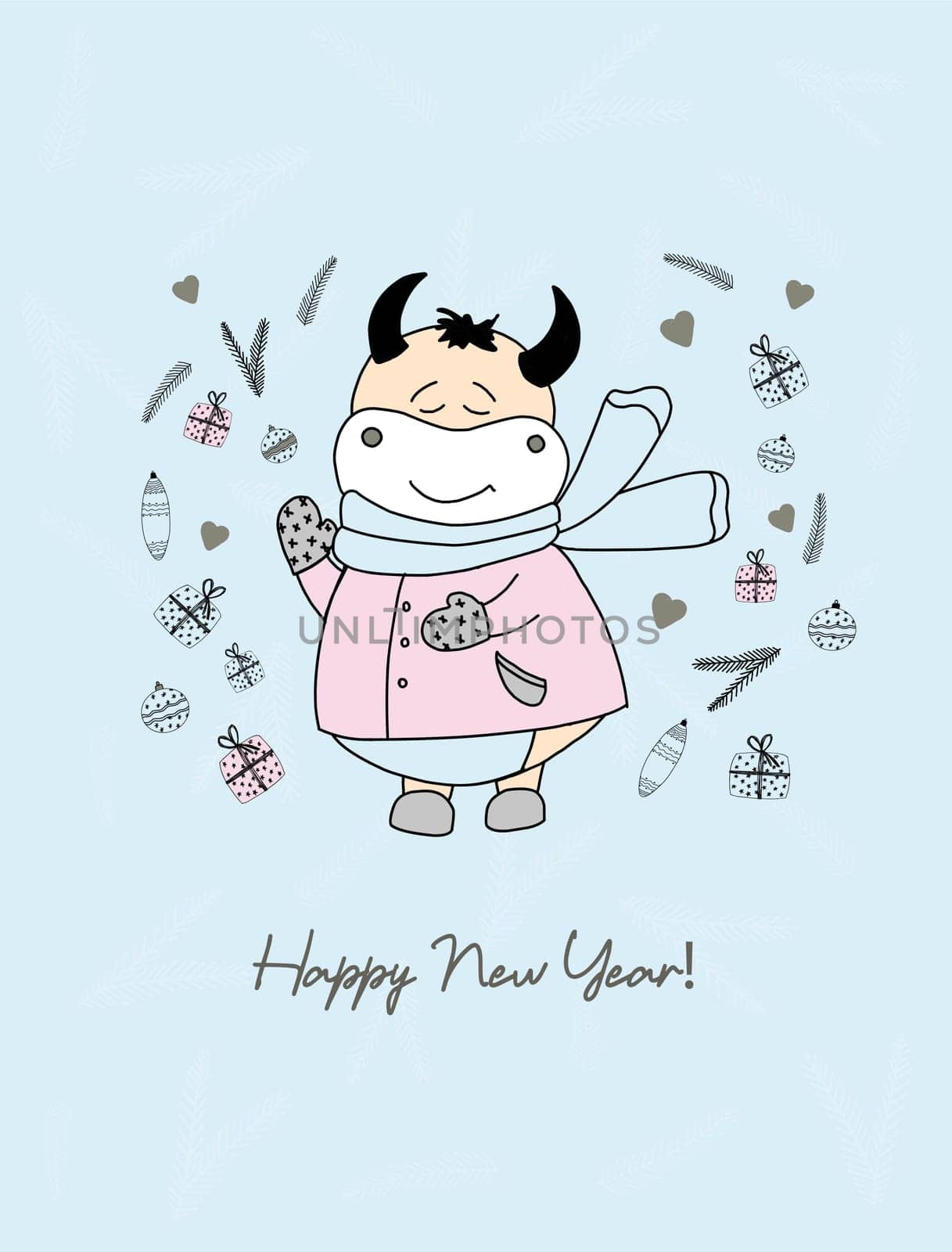 Year of the bull. Funny bulls characters. Cute ox in clothes. Symbol of 2021. Christmas card