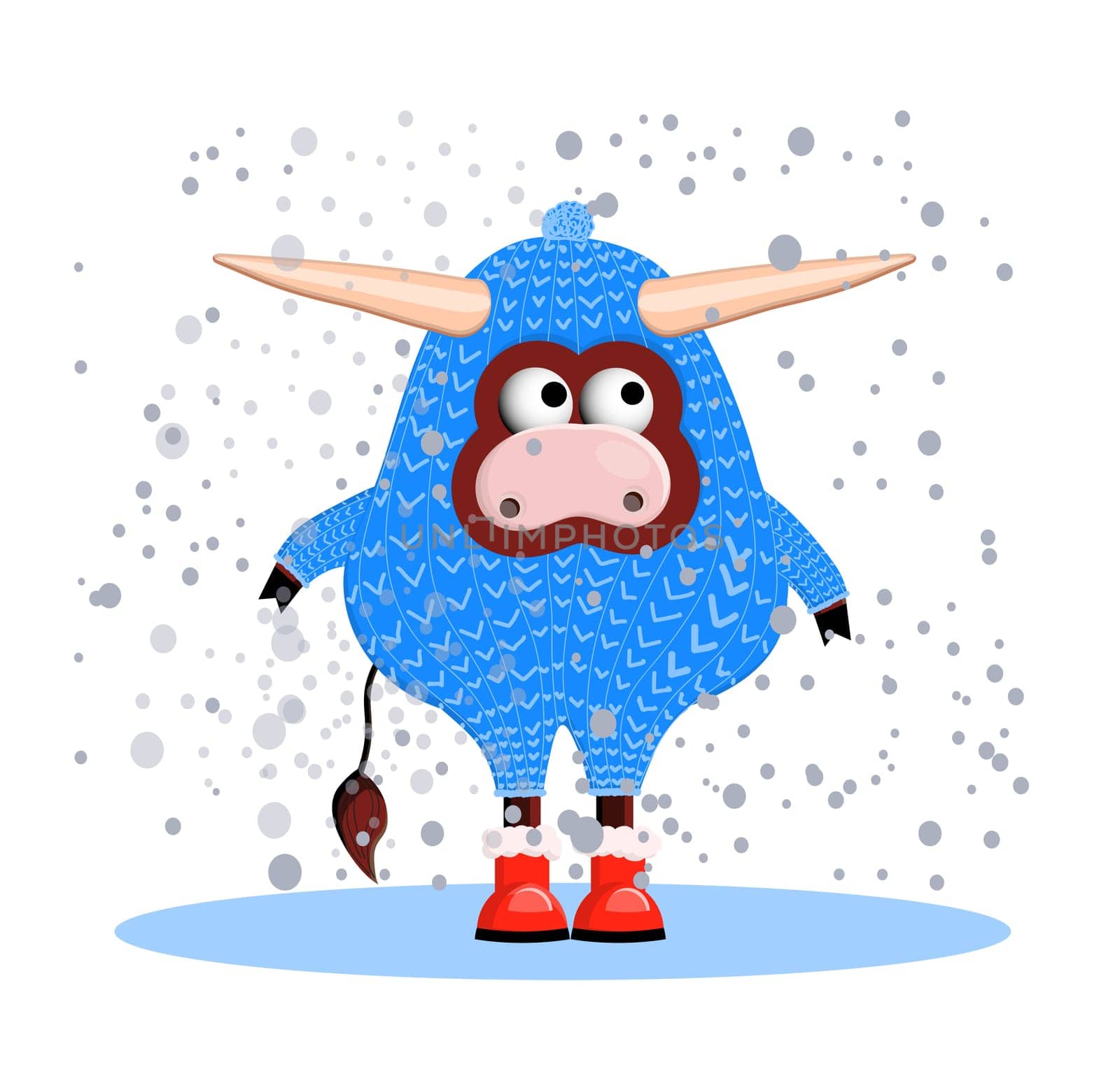 2021 year. Year of the bull. Animal buffalo, cow. Funny winter bull isolated on a white background. Symbol of 2021. illustration.